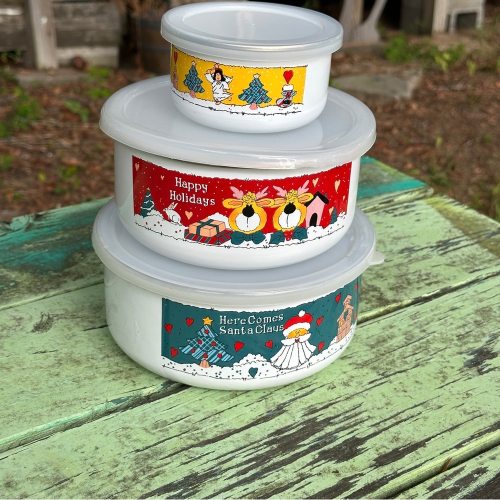 Set of 3 Christmas Happy Holidays Porcelain Enamel Nesting Stacking Bowls W/lids